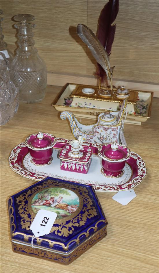 A Limoges porcelain hexagonal box and cover with Sevres style mark, a French faience inkwell and two 19th century porcelain standishes